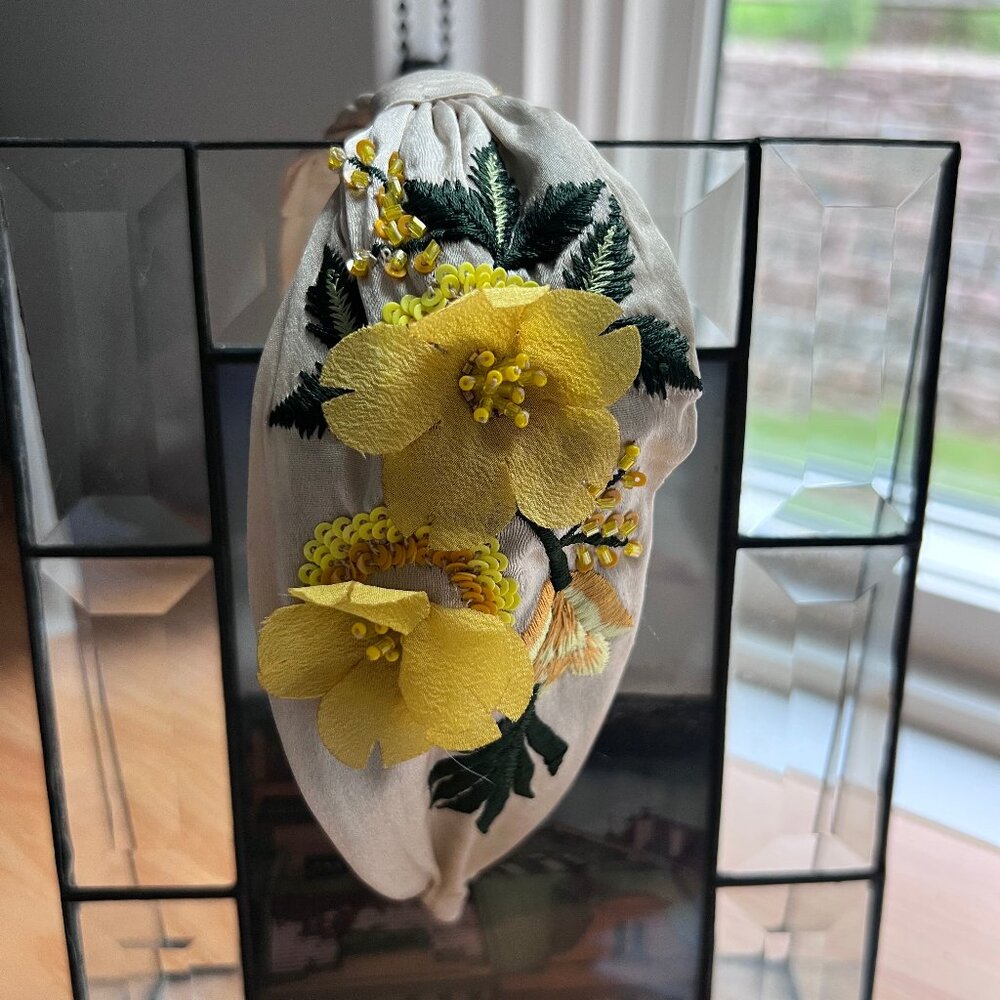 Nam Josh silk embroidered beaded headband with 3D flowers